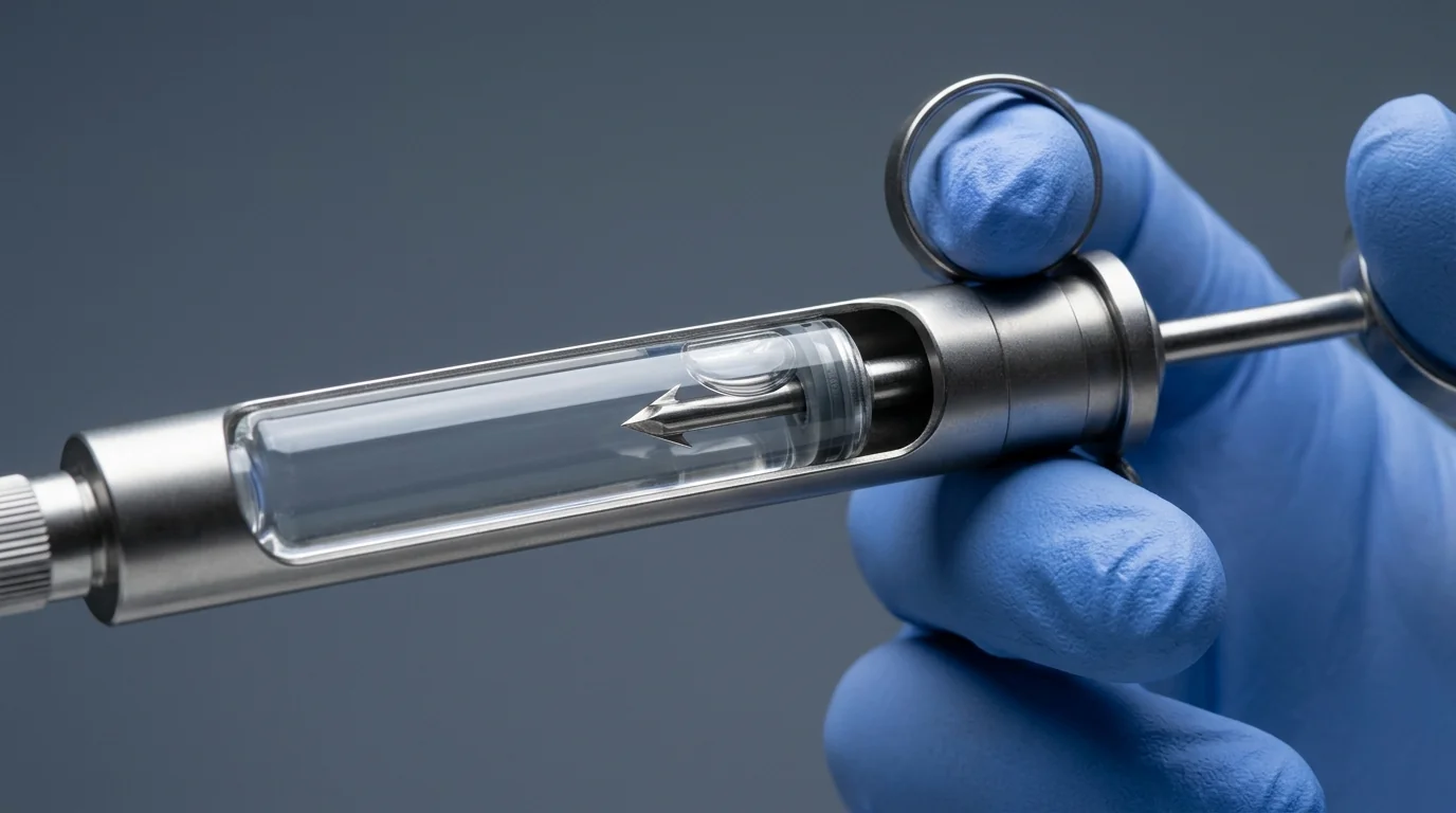Macro view of a dental aspirating syringe mechanism during a clinical aspiration safety check.