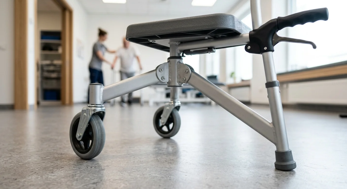 High-stability physiotherapy walking aid with seat designed for geriatric and post-operative patient support.