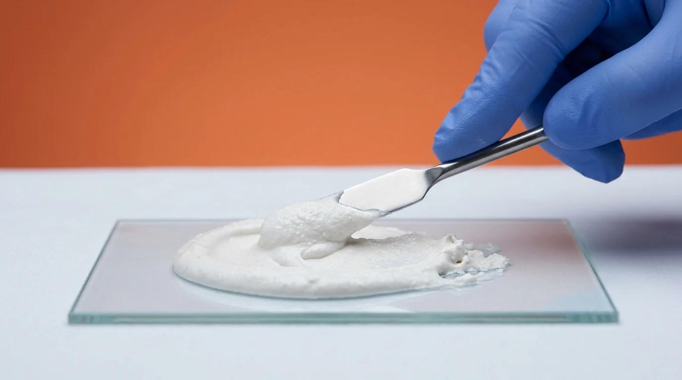 A clinician mixing bioactive Biodentine cement on a glass slab for a dental procedure.