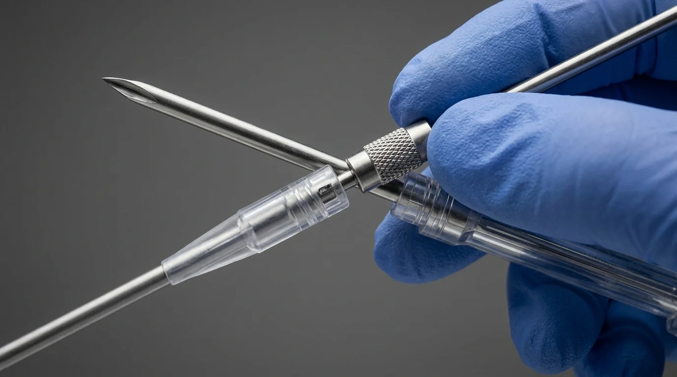 Detailed close-up of the cannula and stylet components of a bone marrow biopsy needle.