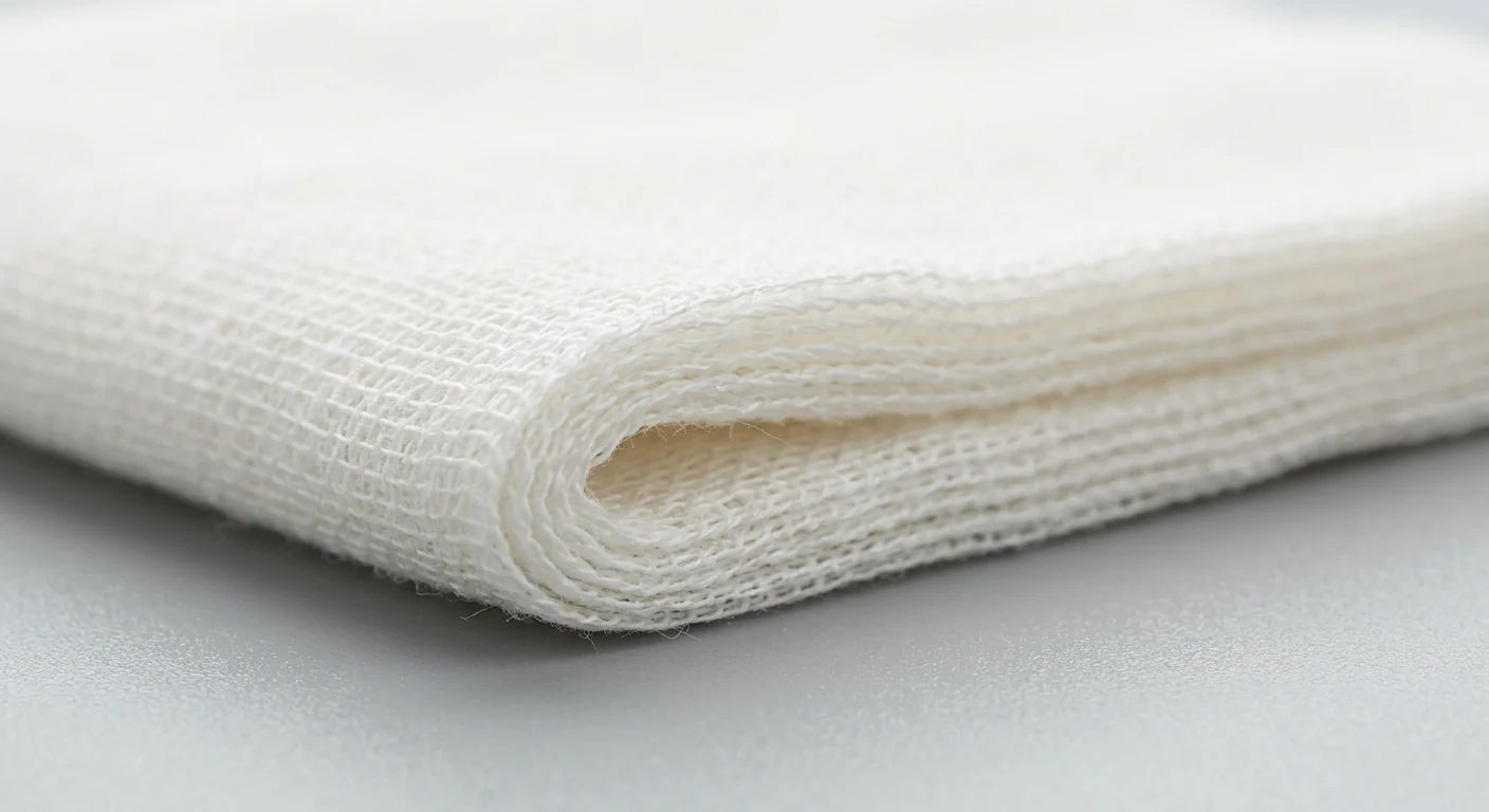 Close-up of 12-ply sterile gauze showing cotton weave and thickness specifications for clinical use.