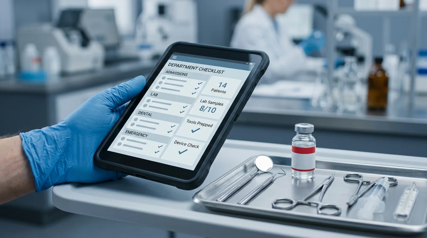 Procurement manager using nitrile disposable gloves while performing a medical facility needs assessment checklist.