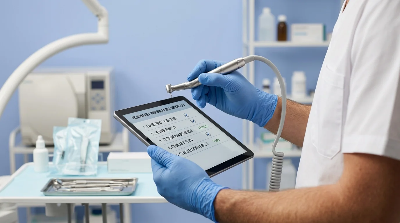 Dental professional performing a clinical needs assessment for a new implant dental handpiece procurement.
