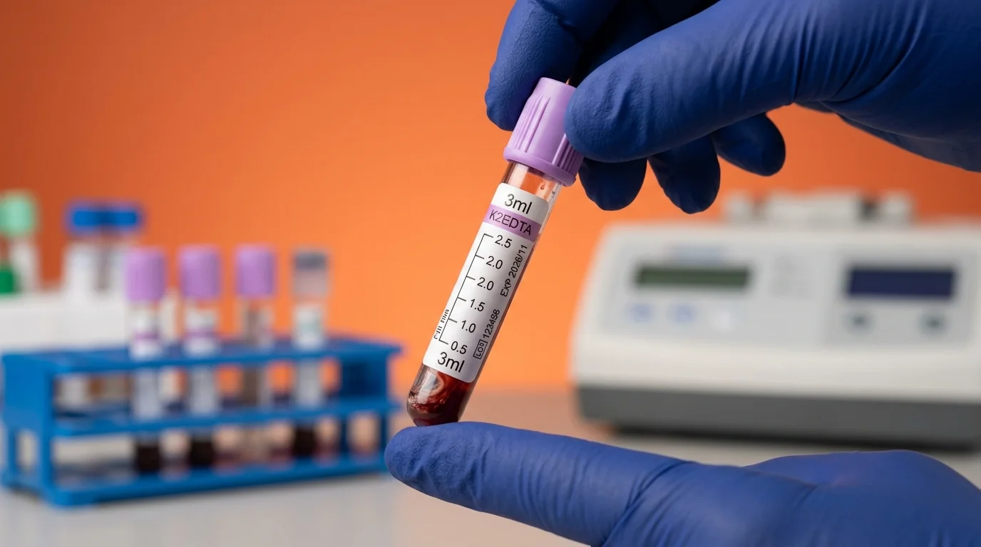 Close-up of a 3ml EDTA blood tube preserving a whole blood sample for hematological testing.