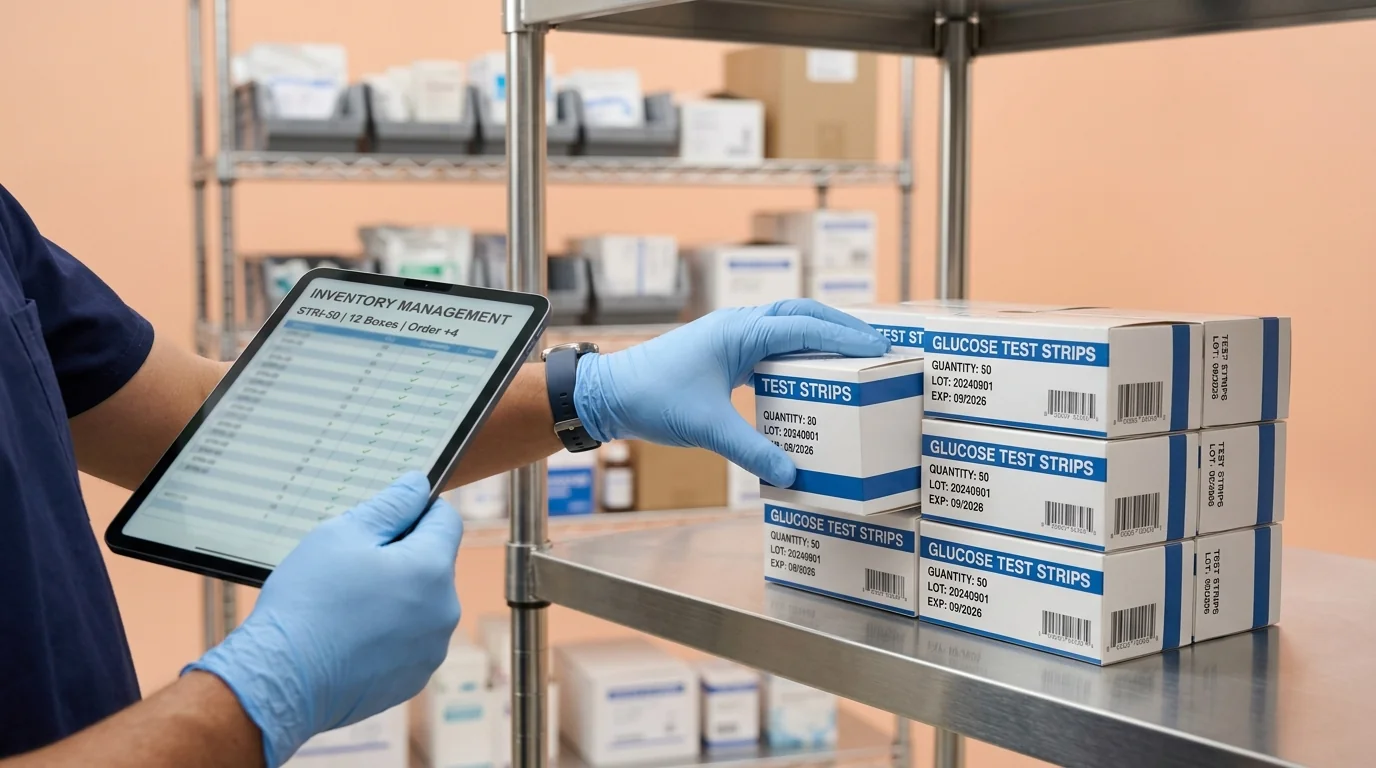 Clinician quantifying medical inventory requirements for cool glucometer test strips online for a hospital.