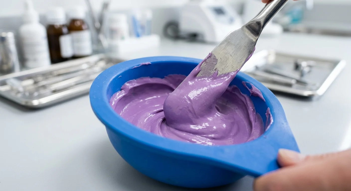 Close-up of freshly mixed chromatic dental alginate material in a blue bowl for orthodontic impressions.