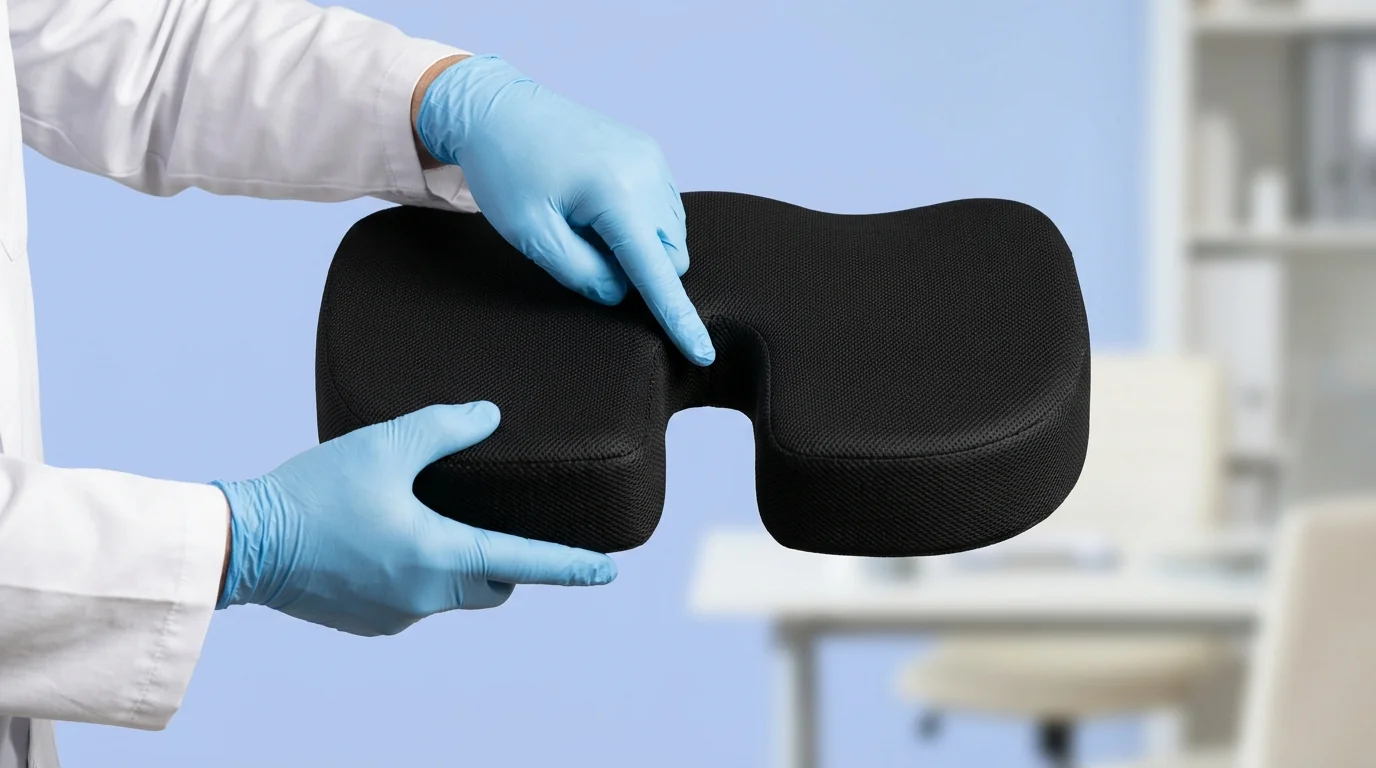 Close-up of a U-shaped coccyx cushion cutout designed for clinical tailbone pressure relief.