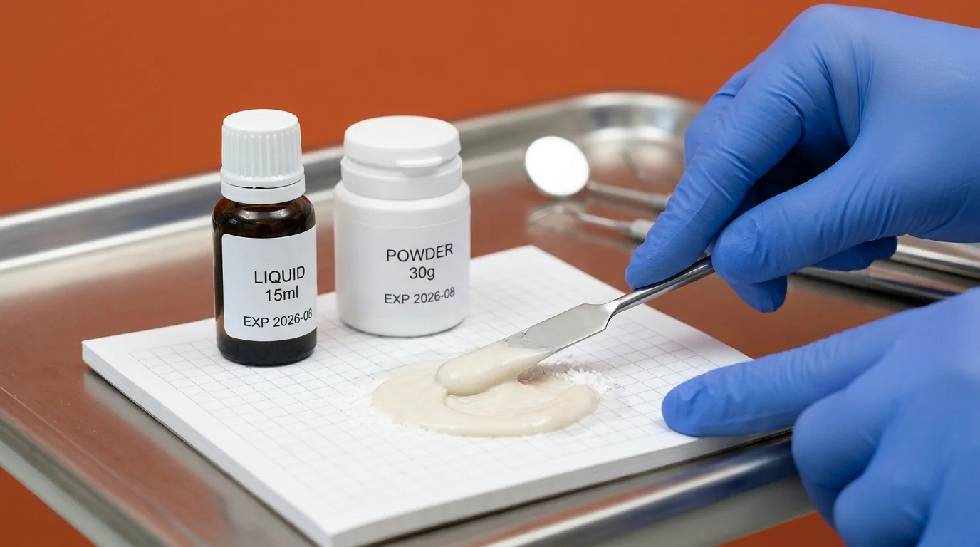 Close-up of a gloved hand mixing dental glass ionomer cement powder and liquid on a pad.