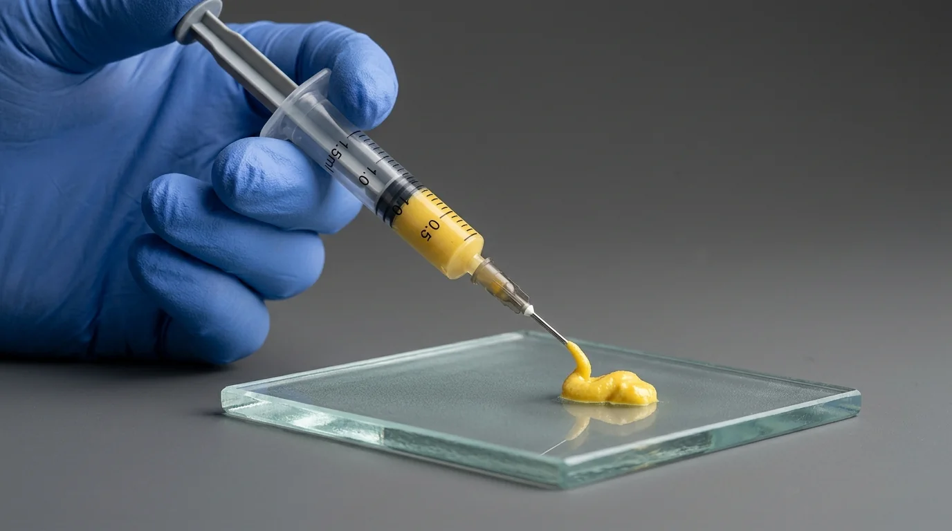 Detailed view of yellow calcium hydroxide paste with iodoform being dispensed from a dental syringe.