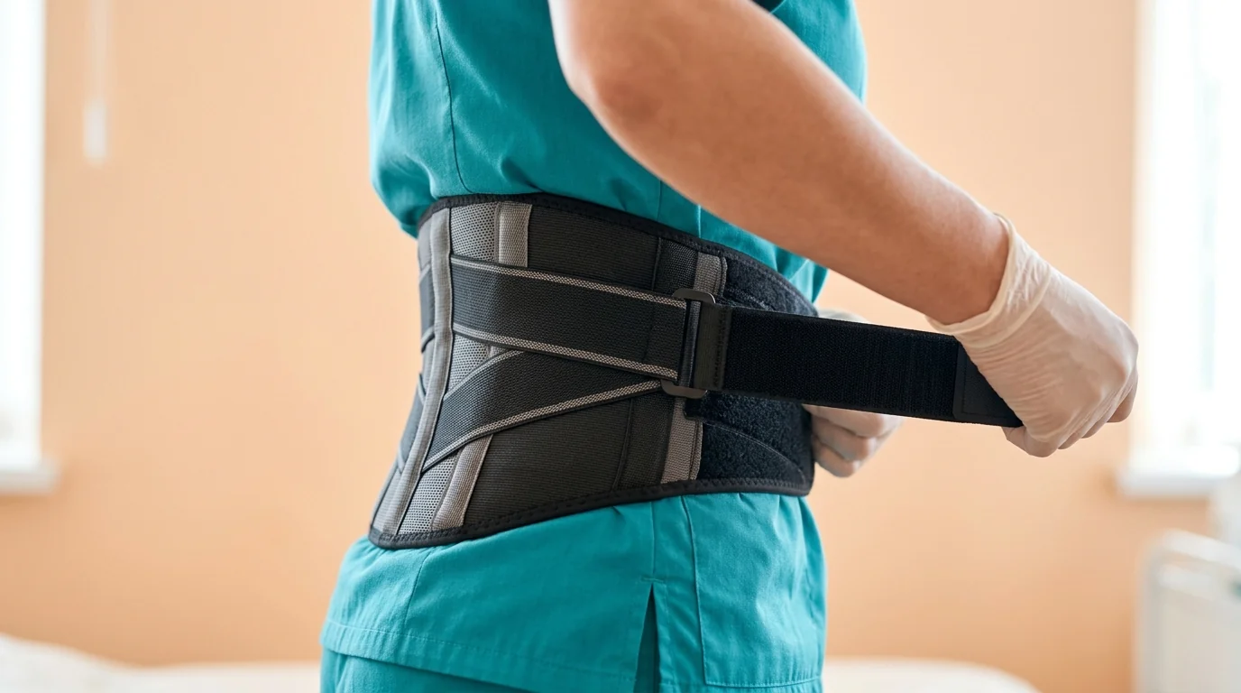 Close-up showing the mechanical compression of a lumbar sacro belt on a patient's lower back.