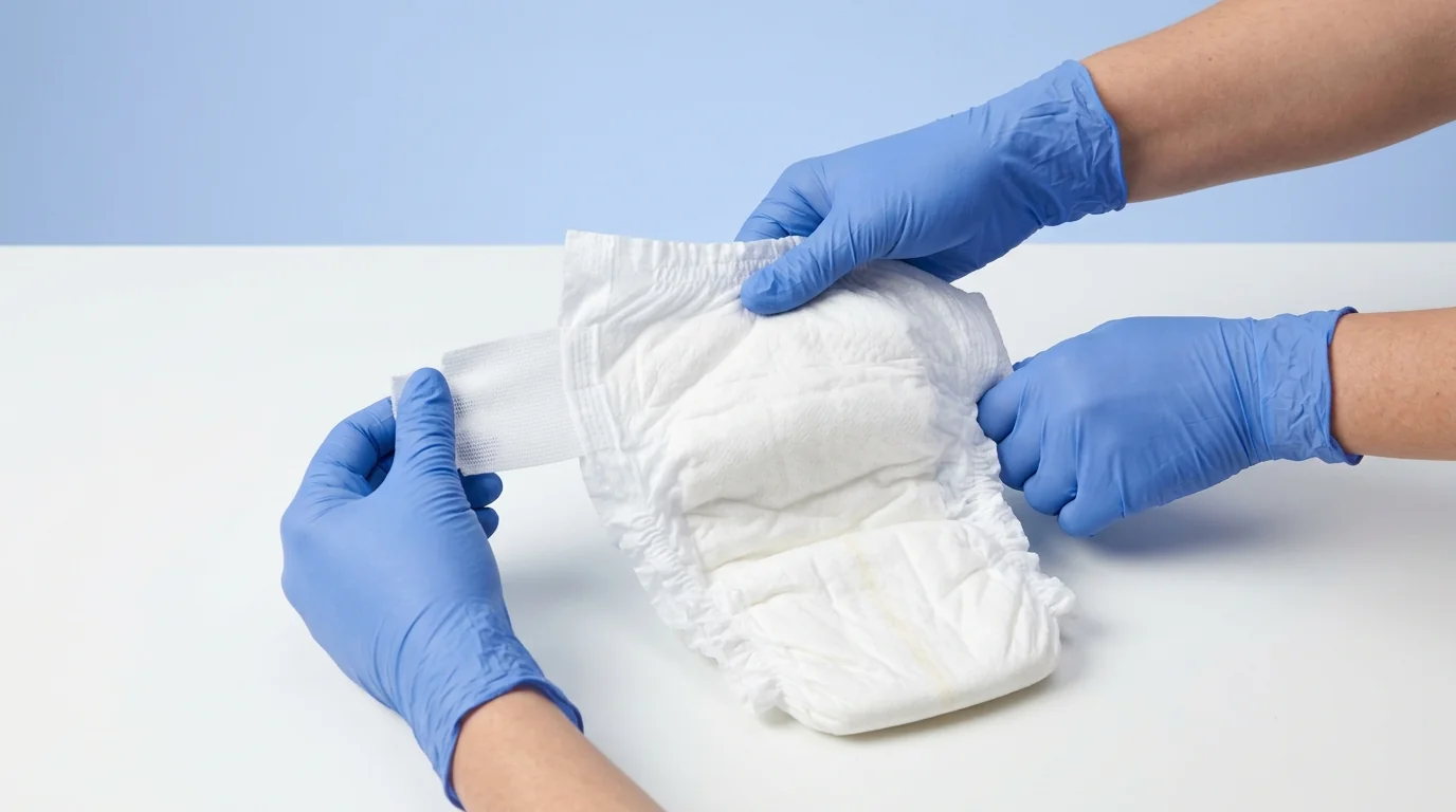 Gloved hands inspecting the absorbent core and elastic features of teddy diapers for clinical use.