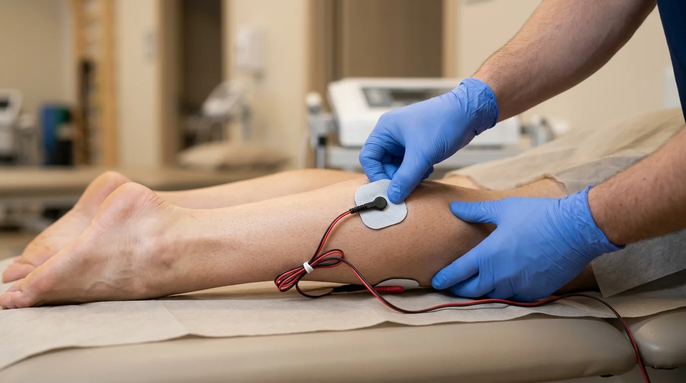 Close-up of electrode pads from a therapy muscle stimulator applied to a patient's leg.