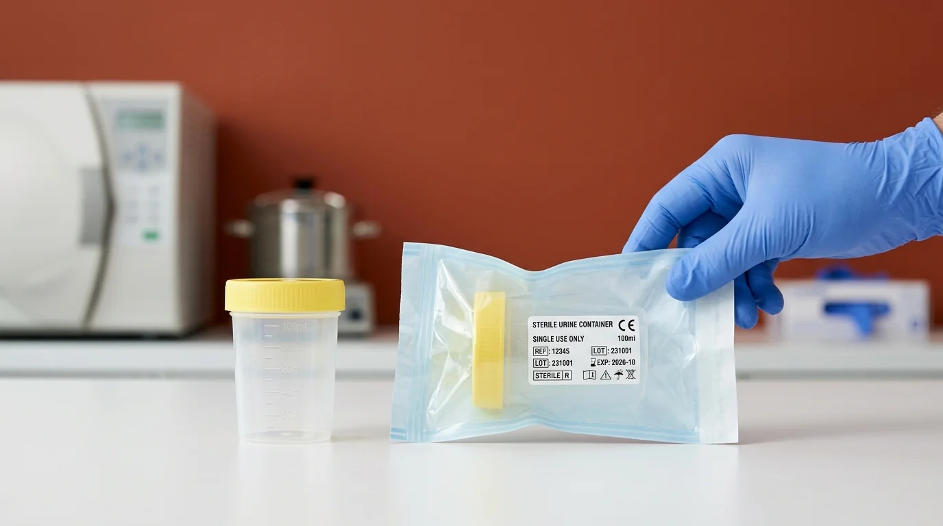Close-up comparison between a non-sterile bulk urine pot and an individually wrapped sterile urine container.