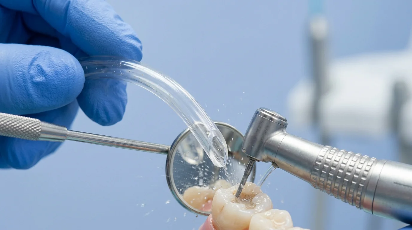 Dental suction tip in use clearing fluids and debris to maintain a clear operative field.