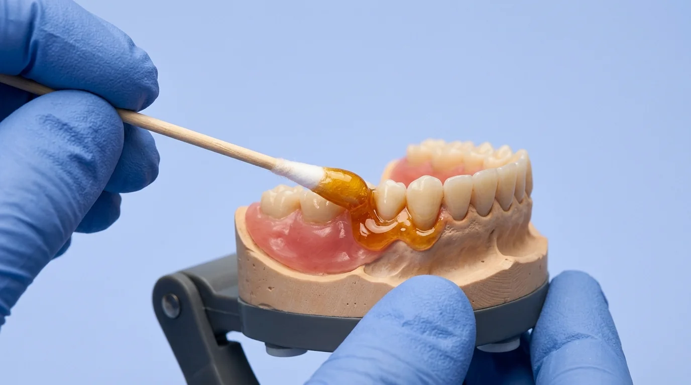 Detailed view of gum paint being applied to a dental model to demonstrate localized action.