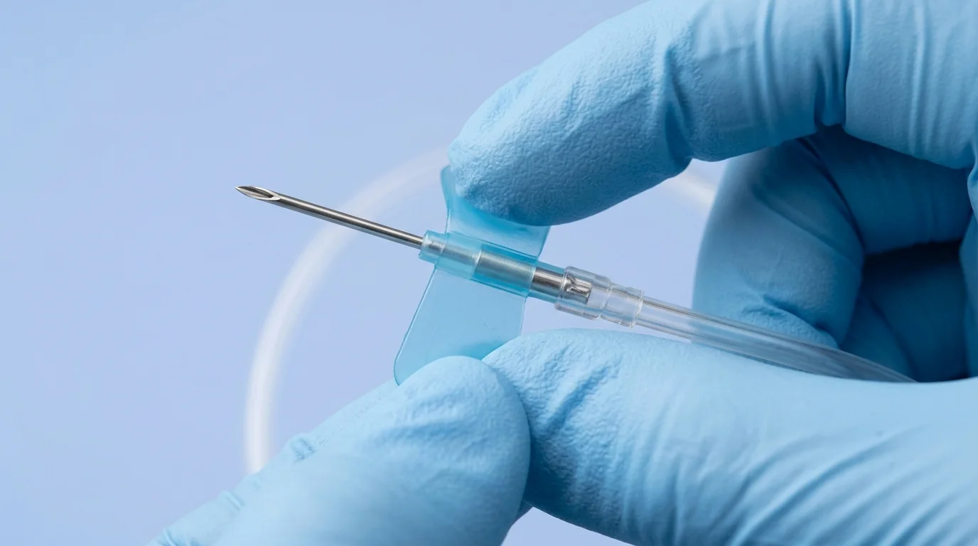 Detailed macro shot showing the needle, wings, and hub anatomy of a scalp vein set.