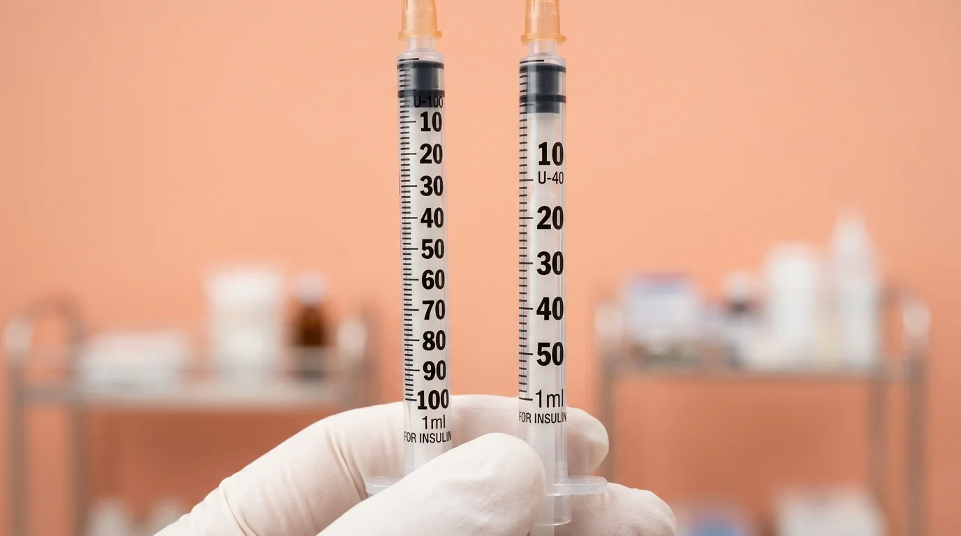 Macro view comparing U-100 and U-40 unit markings on insulin syringe barrels for accuracy.