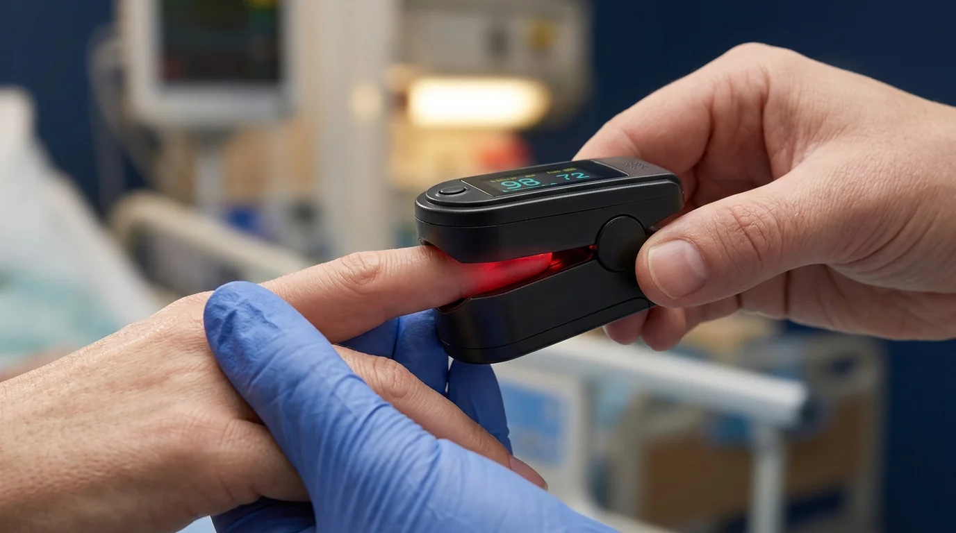 Detailed view of the internal LED sensors of a finger tip pulse oximeter during clinical use.