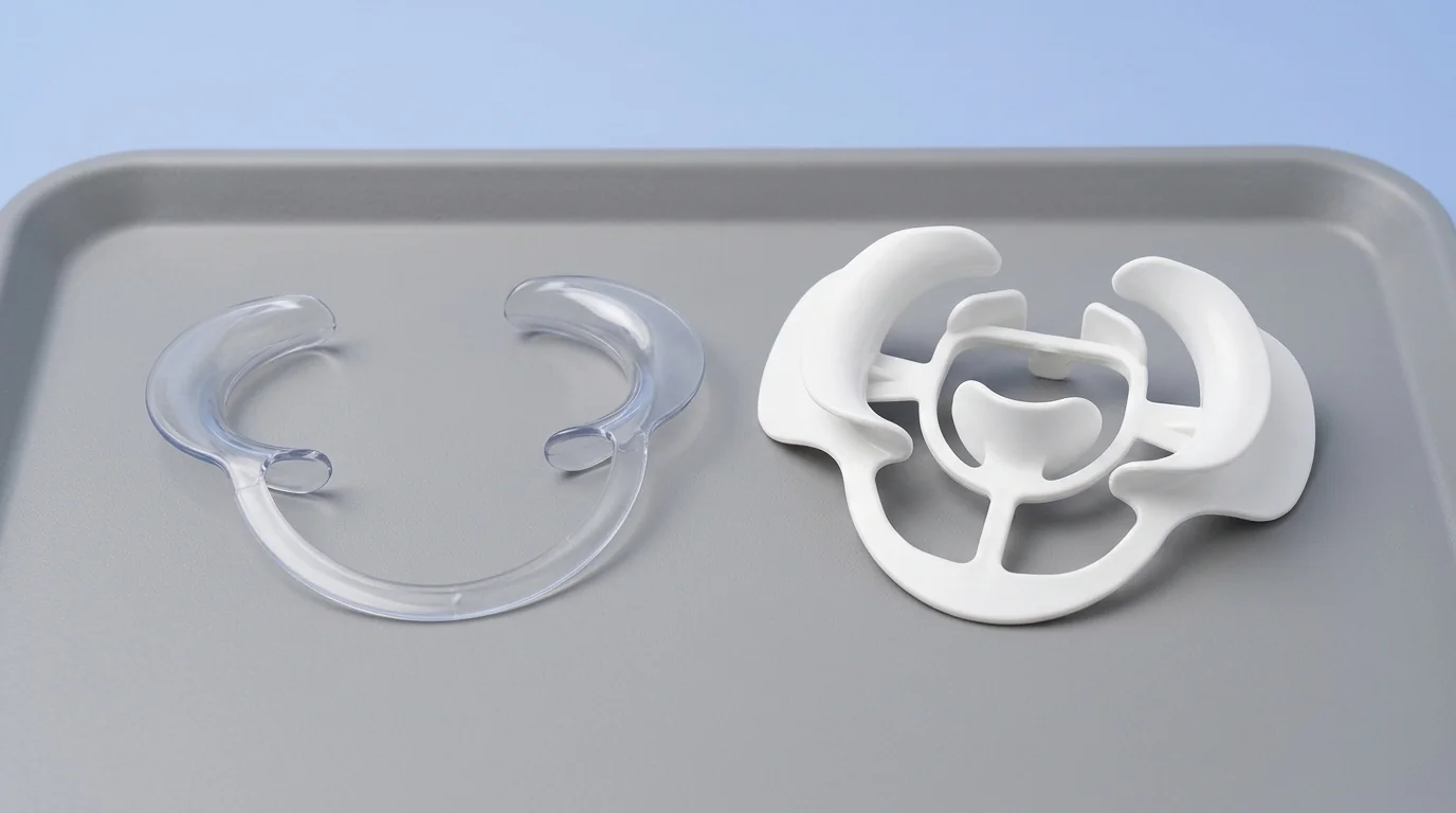 Comparison of different dental cheek retractor designs highlighting functional variations for oral surgery and bonding.