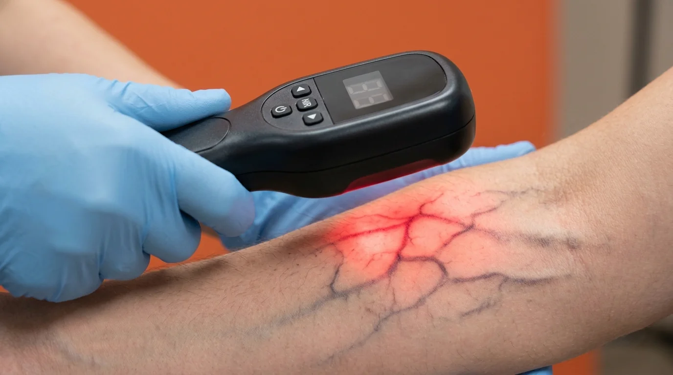Macro view of near-infrared NIR illumination technology in a vein finder visualizing subcutaneous hemoglobin.