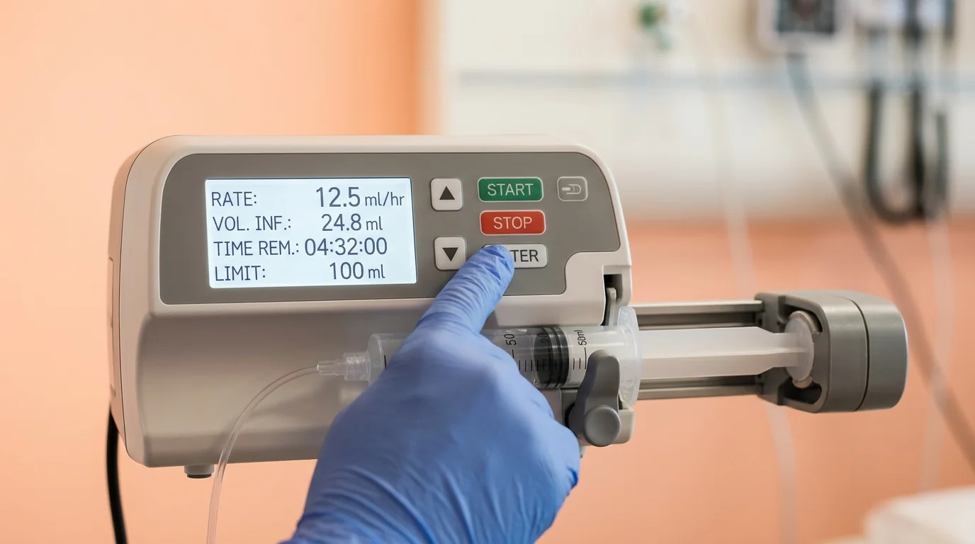 Close-up of a healthcare professional operating a syringe pump interface for precise medication delivery.
