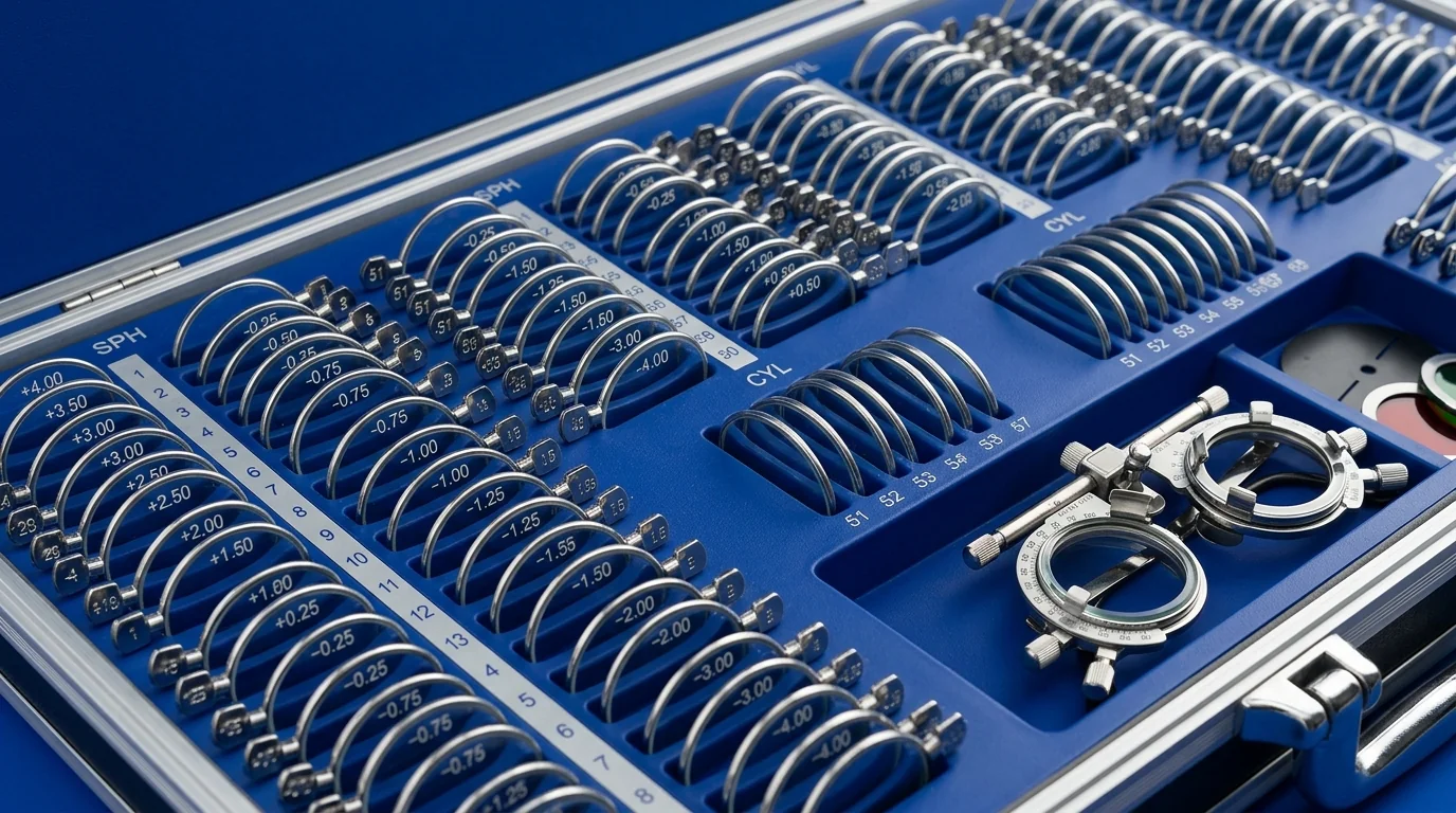 Detailed view of organized lenses and accessories in a standard clinical trial lens set.