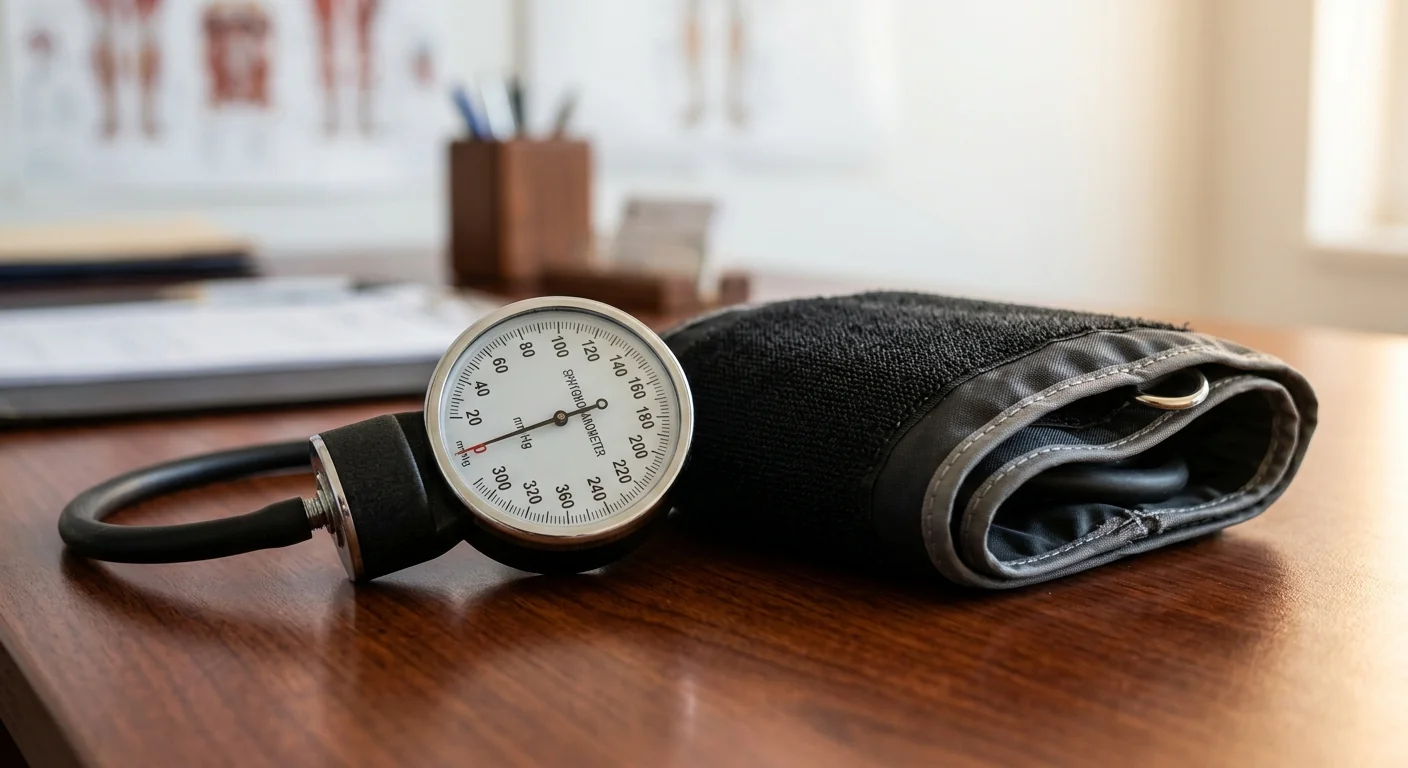Close-up of a reliable blood pressure monitor gauge and cuff, representing professional medical equipment standards.