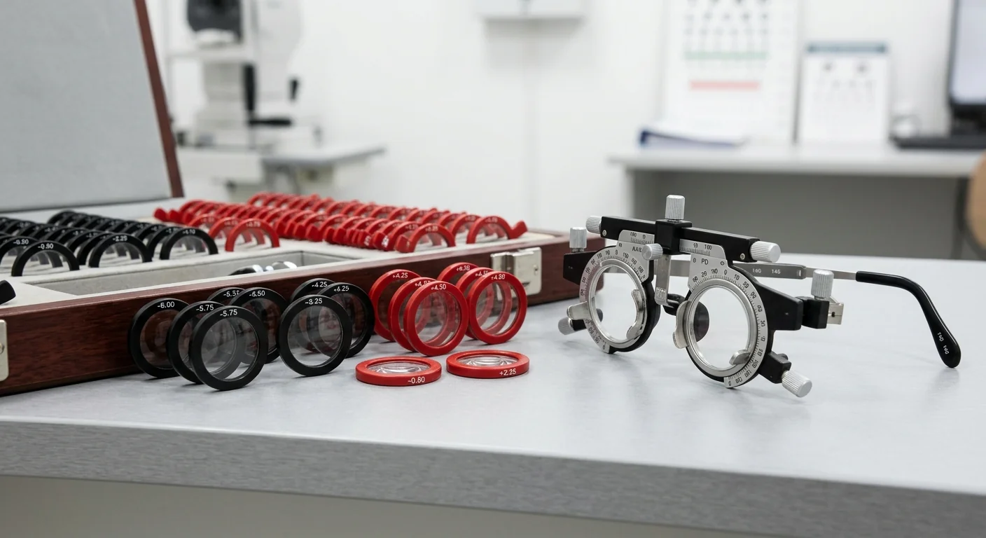 Detail of red and black trial lenses and a trial frame for clinical needs assessment.