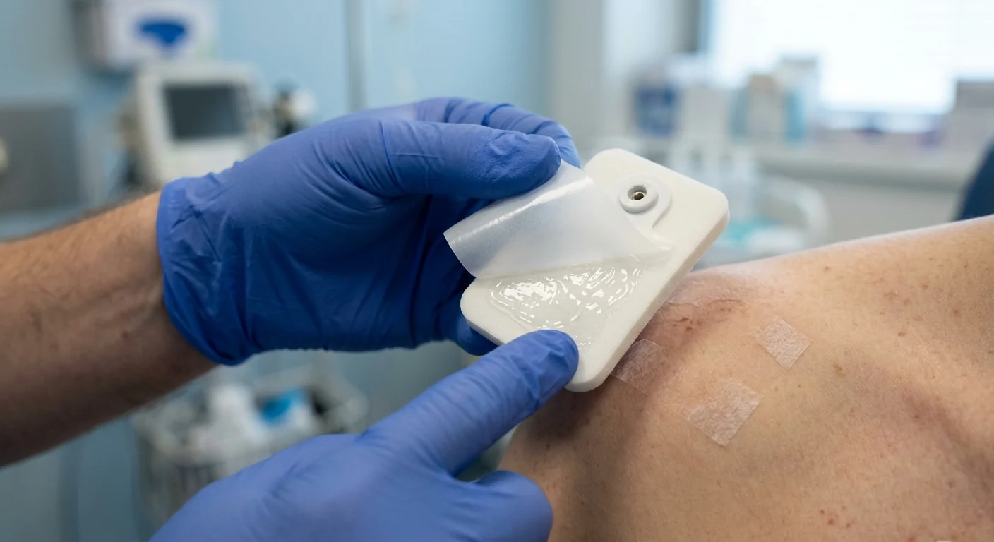 Close-up of a medical professional preparing a disposable ECG electrode for a cardiac diagnostic procedure.