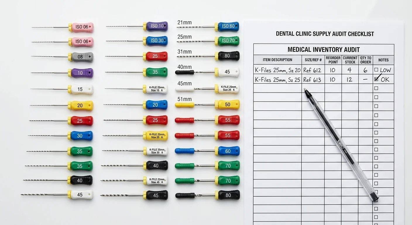 Clinical inventory assessment for procuring Mani dental instruments supplier stainless steel K-files in bulk.