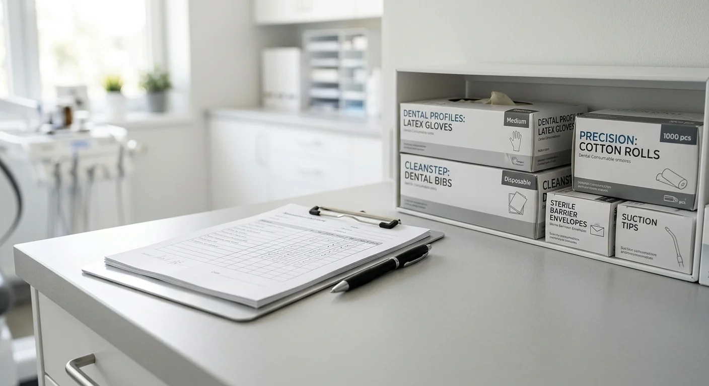 A clinical procurement checklist and supply boxes for assessing facility needs for dental suction tips.
