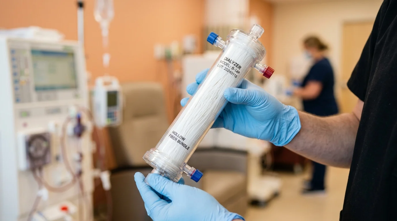 Gloved hands inspecting a Dora hollow fiber dialyzer B-14P for clinical use in a nephrology unit.