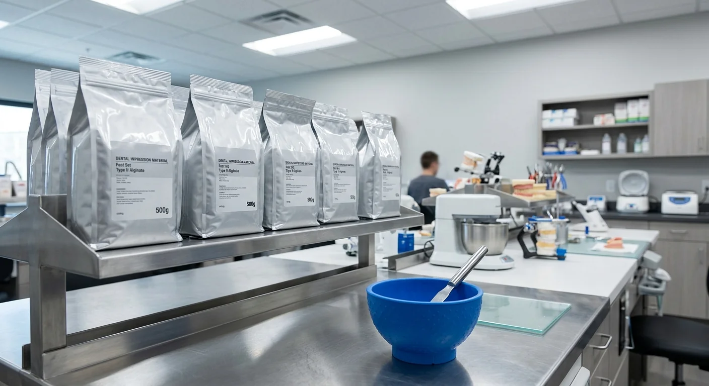 Large 750g alginate packs stored in a busy multi-chair dental clinic for frequent impression procedures.