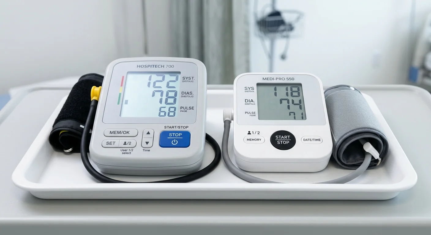 Comparison of two automatic bp machines showing interface details for healthcare clinic procurement.