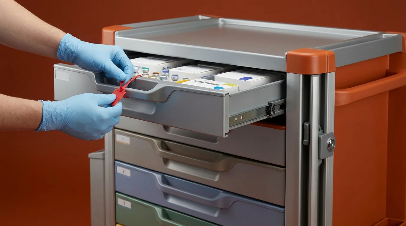 Close-up of a medical crash cart's drawer organization and secure locking mechanism for emergencies.