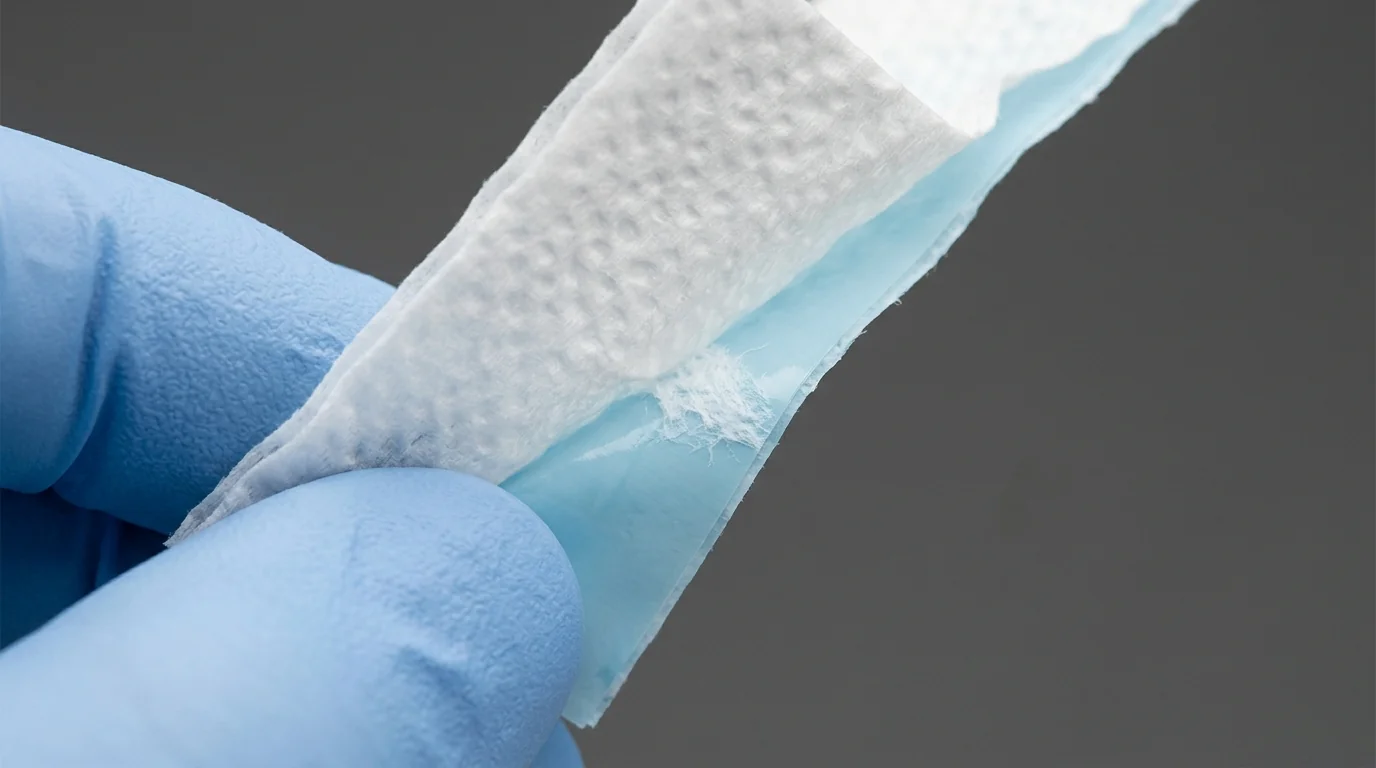 Close-up of multi-ply laminated dental bib material showing absorbent and waterproof protective layers.