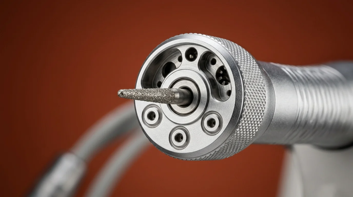 Detailed close-up of a high-speed dental airotor turbine head and diamond bur assembly.