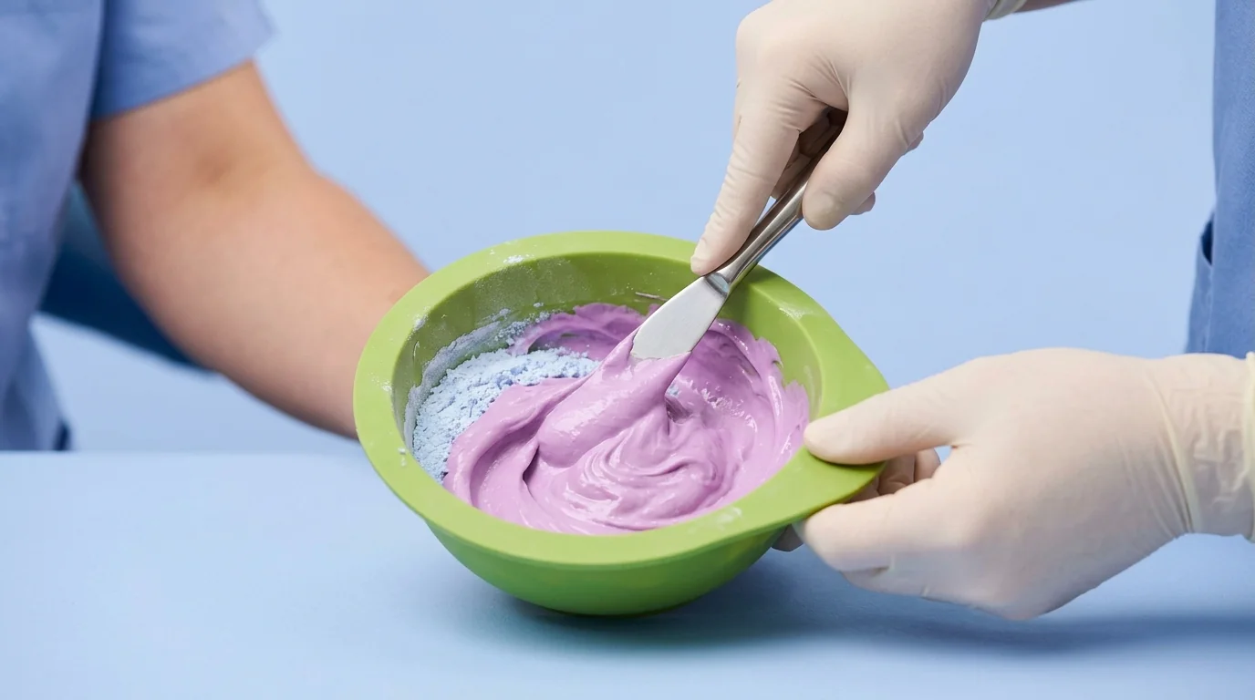 A clinician's gloved hand mixing dental alginate impression material into a smooth paste with a spatula.