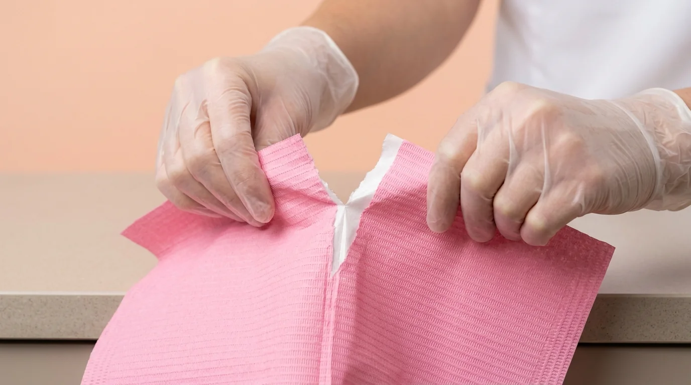 Close-up of durable pink disposable dental bibs showing texture and material specifications for dental clinics.