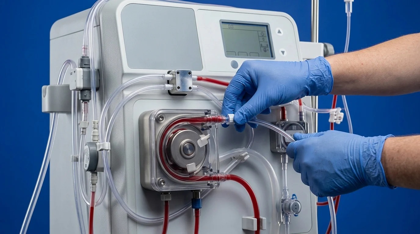 Detailed view of the blood pump and volumetric control system on the Dora 6000 machine.