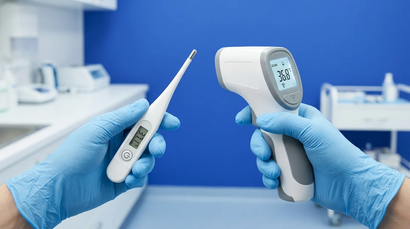 Comparison of different thermometer technologies including infrared and digital probe models for clinical healthcare facilities.