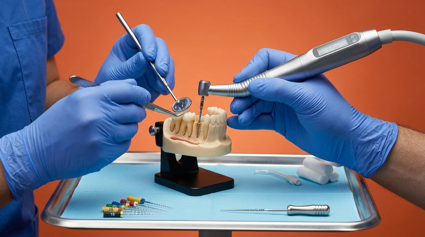 Clinician using a mechanised dental endomotor handpiece for efficient and precise canal preparation.