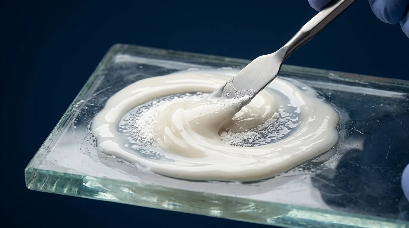 Close-up of luting GIC being mixed on a glass slab to form a chemical bond.