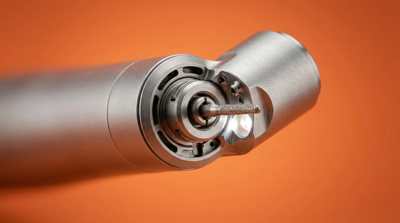 Macro view of a high speed airotor head showing the internal turbine mechanics and dental bur.