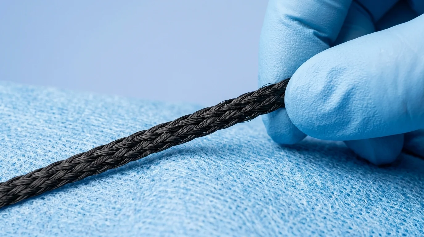 Macro close-up showing the braided composition and material properties of a black silk suture.