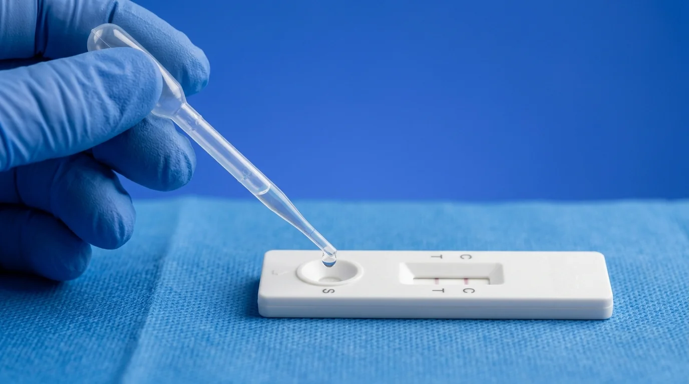 Clinical application of a typhoid rapid test card showing a sample being pipetted into the cassette.