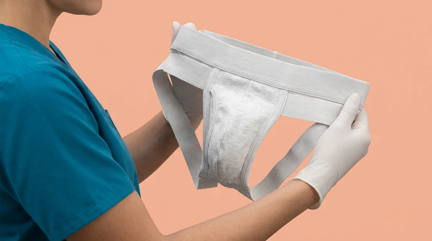 Close-up of scrotal support garment showing elevation and compression features for urological post-operative care.