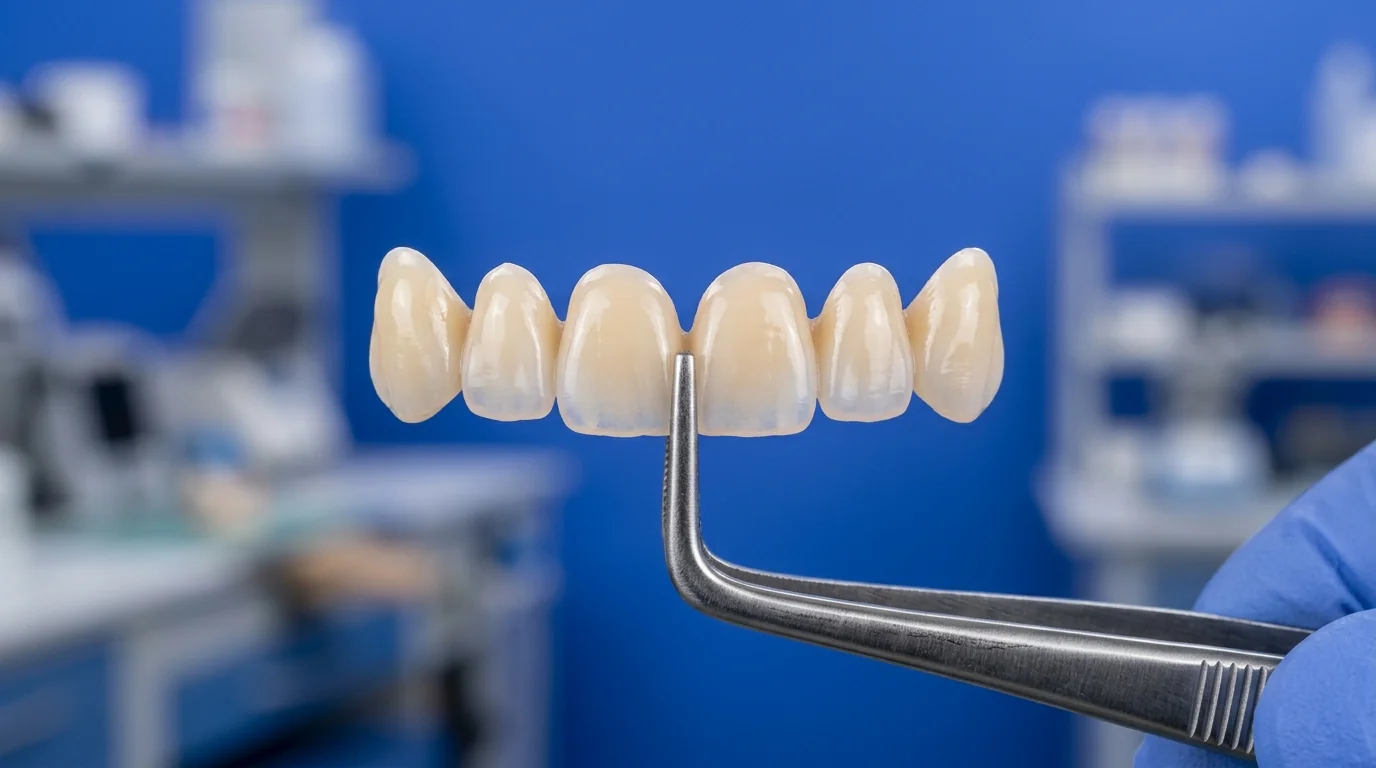 Macro view of PMMA acrylic teeth illustrating material science and realistic layering for dental prosthetics.