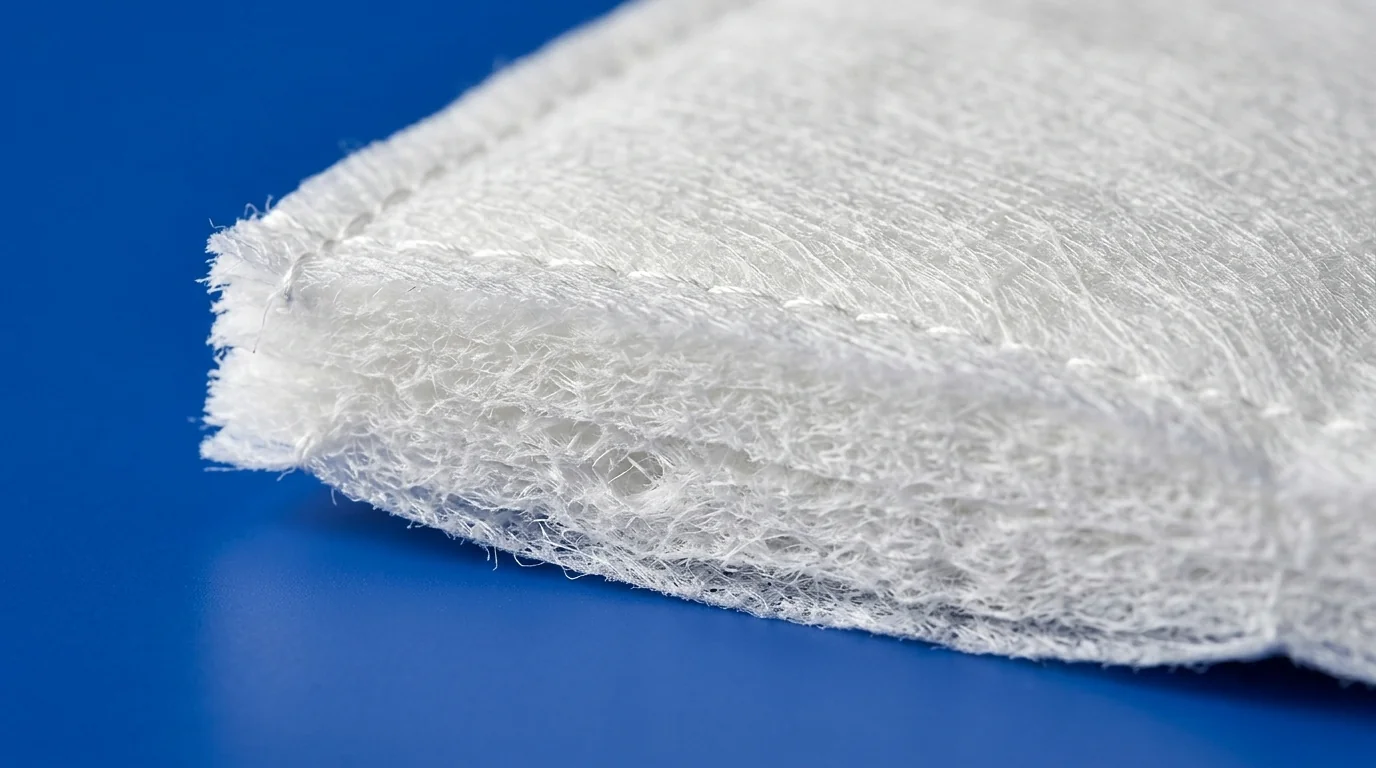 Macro view of a surgical pad showing the detailed layered material and absorbent core construction.
