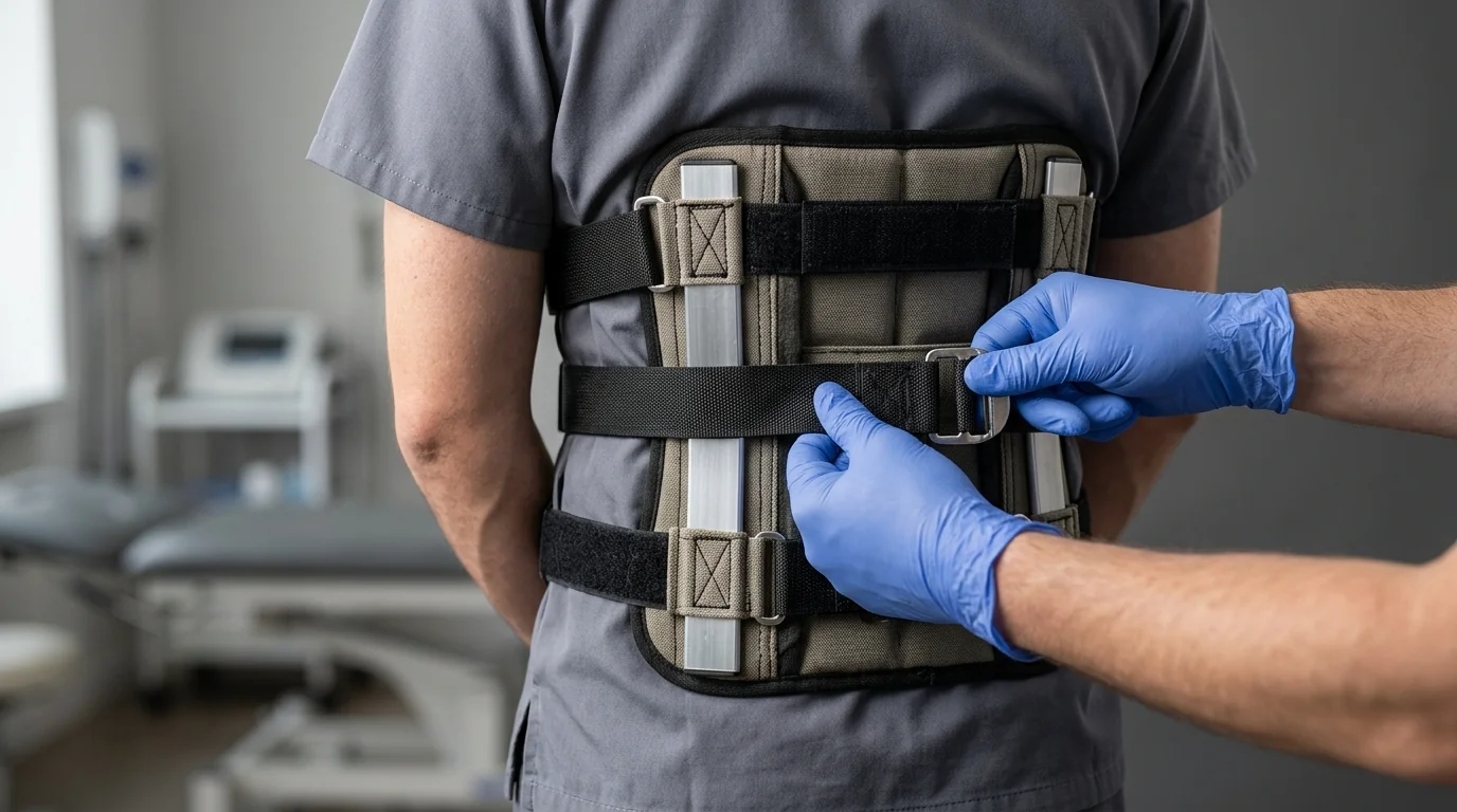 Close-up of a clinician adjusting a Taylor brace to demonstrate its three-point pressure mechanism.
